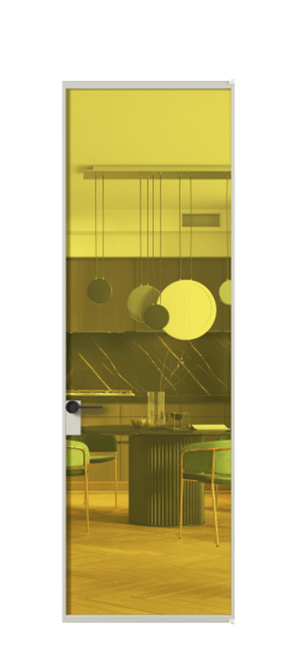 Алюминиевая дверь АЛПЛ040.01 Алюминий тёплый серый Прозрачное жёлтое стекло, триплекс Цена 27967310  | Volhovec