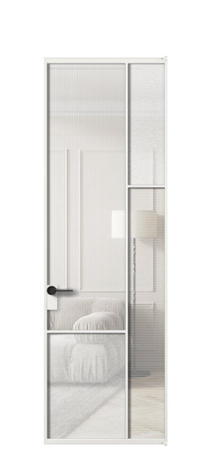 Межкомнатная дверь Mosaic АЛПЛ041.12 Алюминий белоснежный Рифлёное стекло "Дюна", триплекс, 6 мм + Фактурное стекло "Лёд", триплекс Цена 35295610 so'm | Volhovec