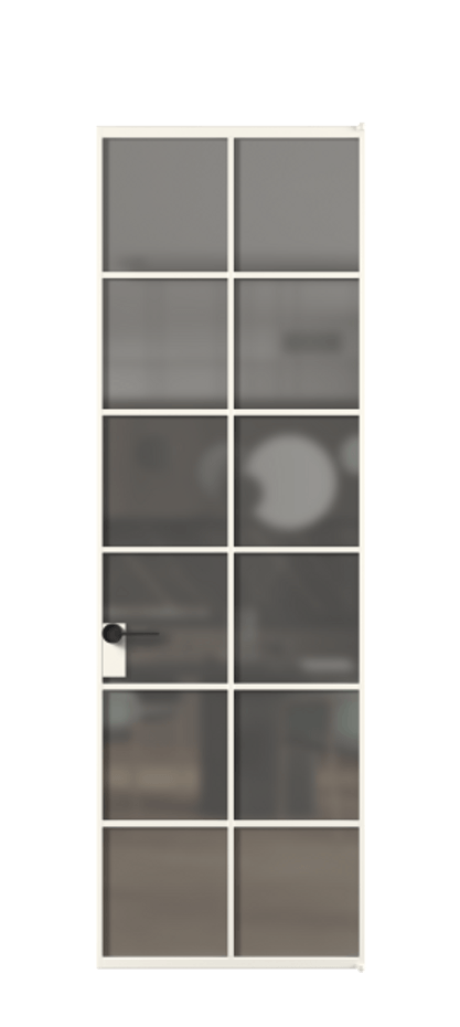 Алюминиевая дверь АЛПЛ040.05 Алюминий пудровый белый Сатинированное серое стекло, триплекс Цена 26091590  | Volhovec