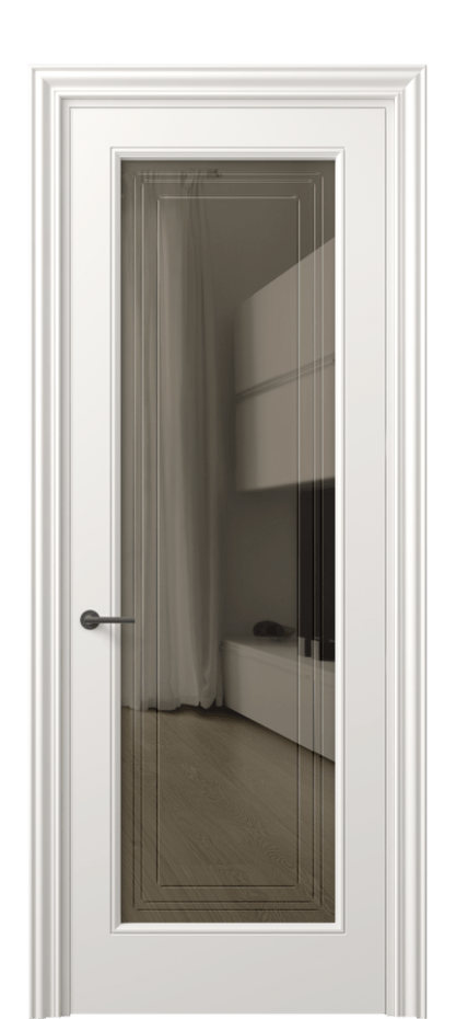 Межкомнатная дверь Mascot 8400 Матовый пудровый белый Прозрачное бронзовое стекло с гравировкой "Грани", триплекс Цена 14201680 so'm | Volhovec