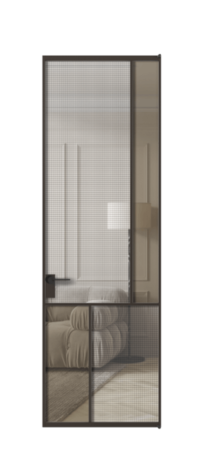 Межкомнатная дверь Mosaic АЛПЛ041.21 Алюминий антрацит Декоративное стекло с сеткой "Mesh silver", триплекс, 6 мм + Прозрачное бронзовое стекло, триплекс Цена 8660 AZE | Volhovec