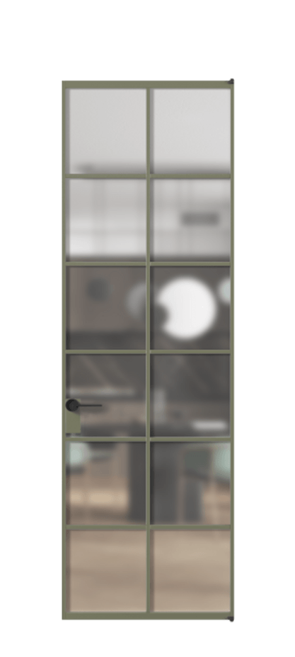 Алюминиевая дверь АЛПЛ040.05 Алюминий оливковый тёмный Сатинированное стекло "Matelux Crystal Vision", калёное, матовое, каленое 6 мм Цена 31966410  | Volhovec