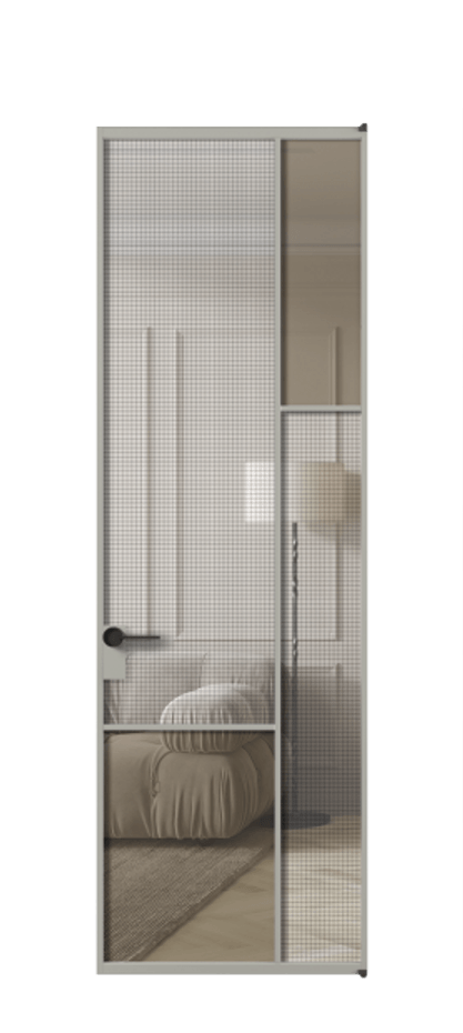 Межкомнатная дверь Mosaic АЛПЛ041.12 Алюминий нейтральный серый Декоративное стекло с сеткой "Mesh silver", триплекс, 6 мм + Прозрачное бронзовое стекло, триплекс Цена 34889610 so'm | Volhovec