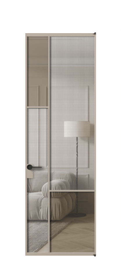 Межкомнатная дверь Mosaic АЛПЛ041.13 Алюминий бисквитный Декоративное стекло с сеткой "Mesh silver", триплекс, 6 мм + Прозрачное бронзовое стекло, триплекс Цена 34889610 so'm | Volhovec