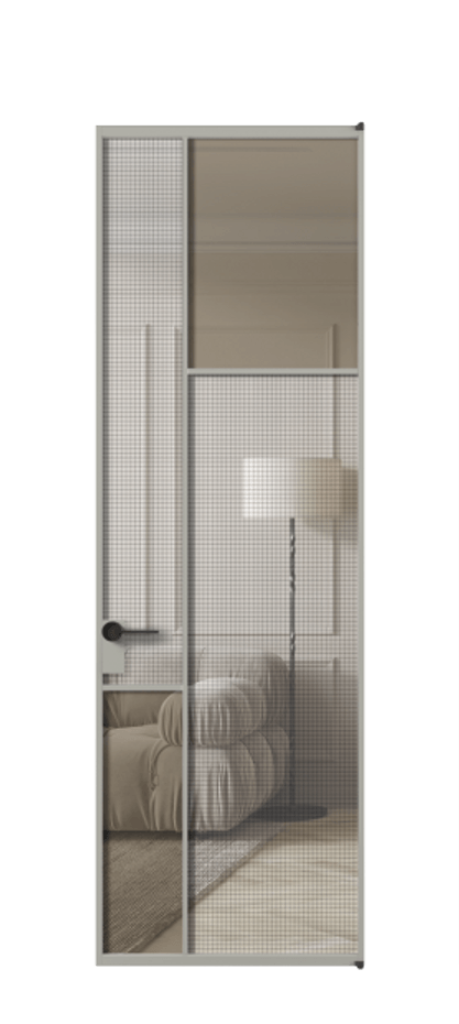 Межкомнатная дверь Mosaic АЛПЛ041.11 Алюминий нейтральный серый Декоративное стекло с сеткой "Mesh silver", триплекс, 6 мм + Прозрачное бронзовое стекло, триплекс Цена 34889610 so'm | Volhovec