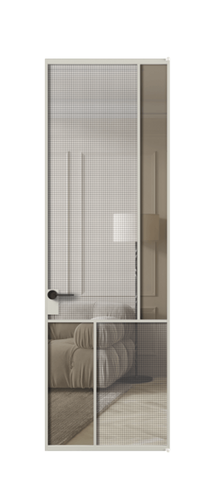 Межкомнатная дверь Mosaic АЛПЛ041.21 Алюминий тёплый серый Декоративное стекло с сеткой "Mesh silver", триплекс, 6 мм + Прозрачное бронзовое стекло, триплекс Цена 33716270 so'm | Volhovec