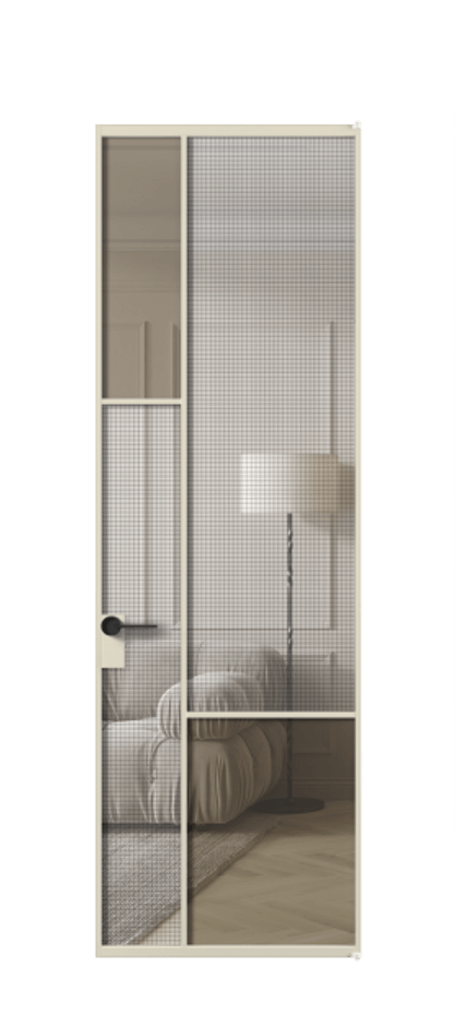 Межкомнатная дверь Mosaic АЛПЛ041.13 Алюминий бежево-серый Декоративное стекло с сеткой "Mesh silver", триплекс, 6 мм + Прозрачное бронзовое стекло, триплекс Цена 171870 ₽ | Volhovec