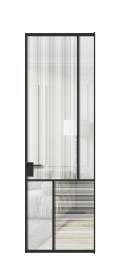 Межкомнатная дверь Mosaic АЛПЛ041.21 Алюминий Черный Рифлёное стекло "Дюна", триплекс, 6 мм + Фактурное стекло "Лёд", триплекс Цена 34118210 so'm | Volhovec