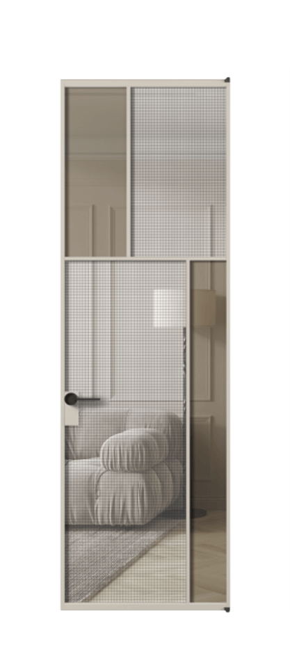 Межкомнатная дверь Mosaic АЛПЛ041.23 Алюминий светло-бежевый Декоративное стекло с сеткой "Mesh silver", триплекс, 6 мм + Прозрачное бронзовое стекло, триплекс Цена 33716270 so'm | Volhovec