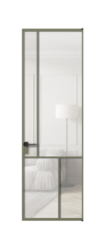 Межкомнатная дверь Mosaic АЛПЛ041.20 Алюминий оливковый тёмный Рифлёное стекло "Дюна", триплекс, 6 мм + Фактурное стекло "Лёд", триплекс Цена 35295610 so'm | Volhovec