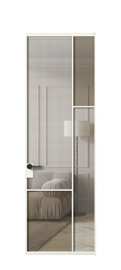 Межкомнатная дверь Mosaic АЛПЛ041.12 Алюминий пудровый белый Декоративное стекло с сеткой "Mesh silver", триплекс, 6 мм + Прозрачное бронзовое стекло, триплекс Цена 34889610 so'm | Volhovec