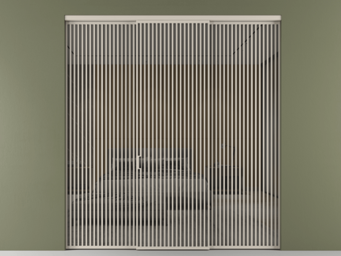 Перегородка Формато внутри проёма 3 створки АЛПР 040.06 Алюминий светло-бежевый Рефлективное серое стекло "Стопсол", калёное Цена 124154800 so'm | Volhovec