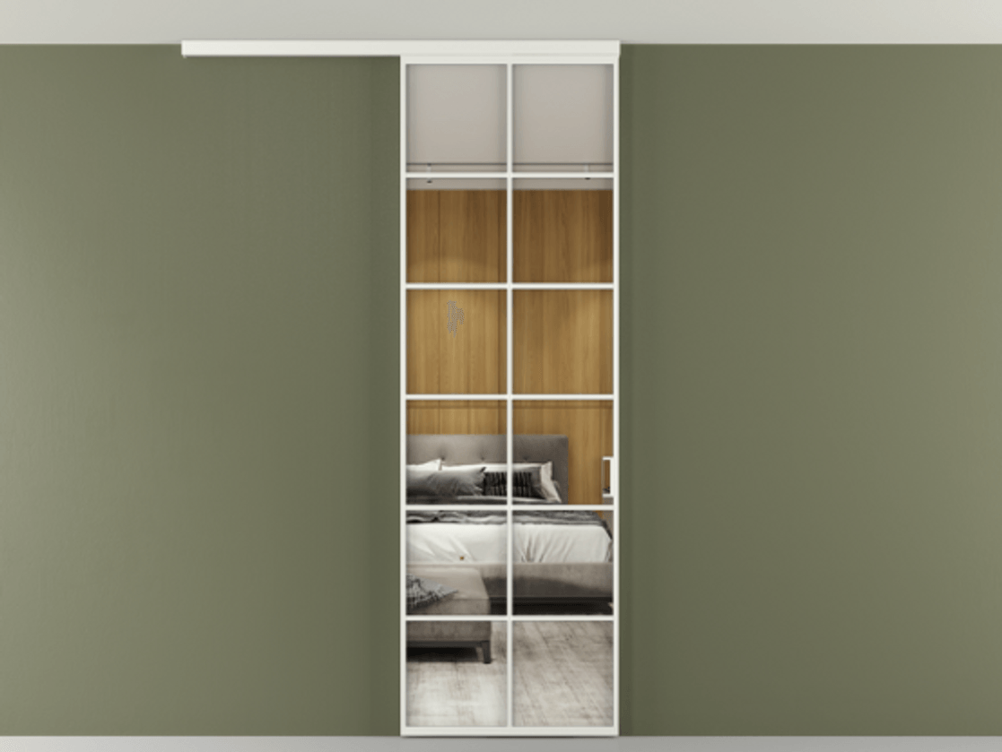 Перегородка Формато вдоль стены на потолок 1 створка АЛПР 040.05 Алюминий светло-серый Двустороннее зеркало, триплекс , триплекс 6 мм Цена 20968480 so'm | Volhovec