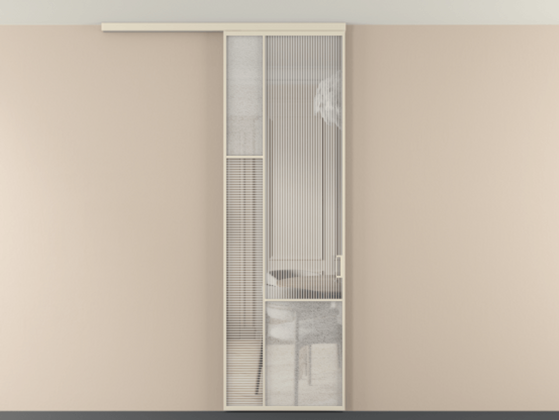 Перегородка Мозаик вдоль стены на потолок 1 створка АЛПР 041.13 Алюминий бежево-серый Рифлёное стекло "Дюна", триплекс, 6 мм + Фактурное стекло "Лёд", триплекс Цена 29037120 so'm | Volhovec