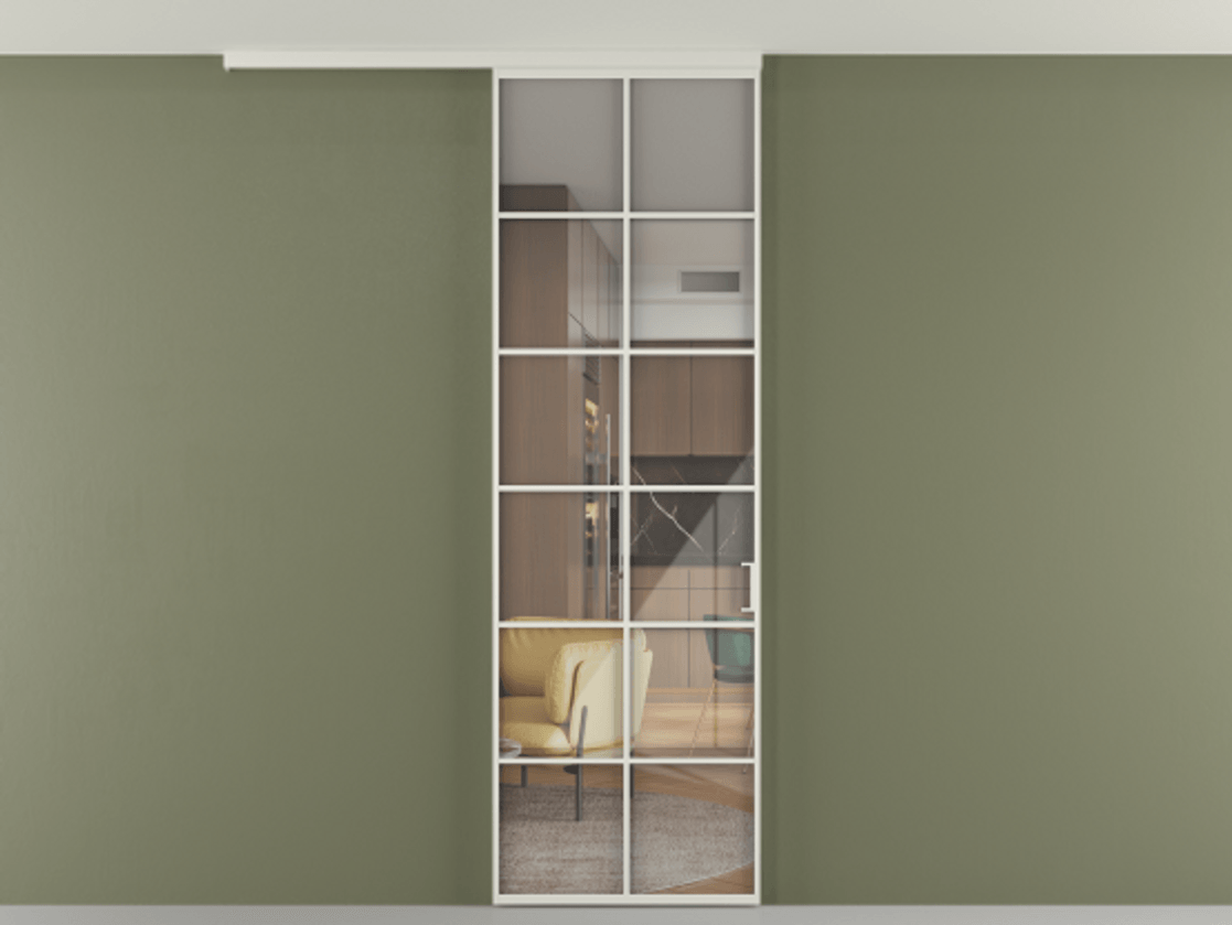 Перегородка Формато вдоль стены на потолок 1 створка АЛПР 040.05 Алюминий Белый Рефлективное прозрачное стекло "Стопсол", калёное Цена 26184970 so'm | Volhovec