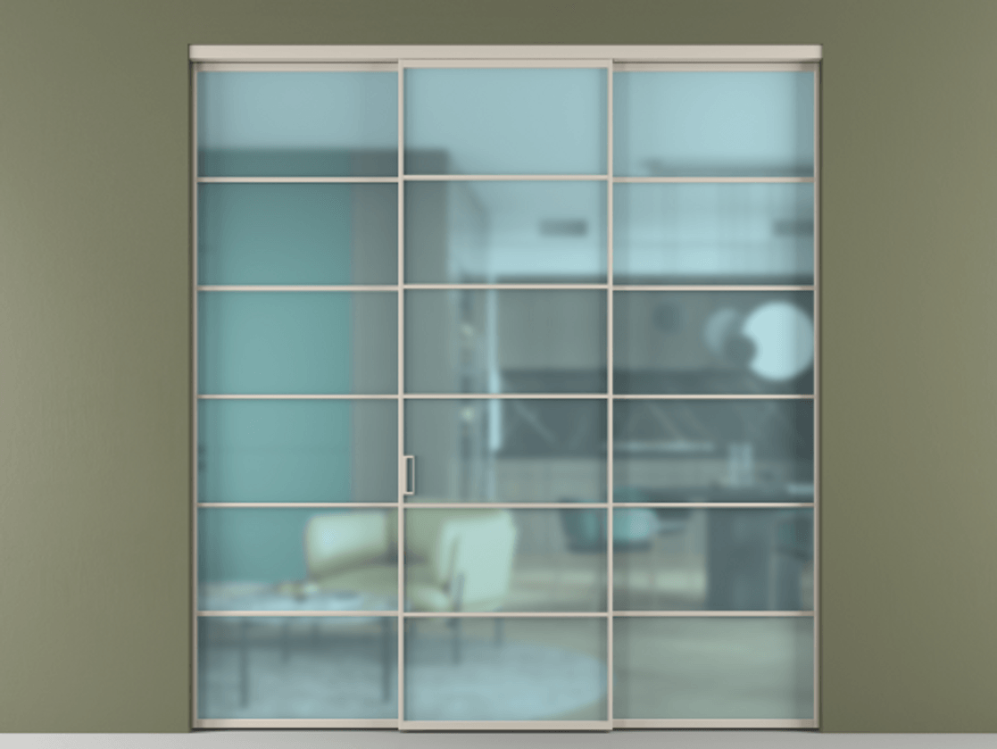 Перегородка Formato внутри проёма 3 створки АЛПР 040.04 Алюминий светло-бежевый Сатинированное голубое стекло, триплекс Цена 51729480 so'm | Volhovec