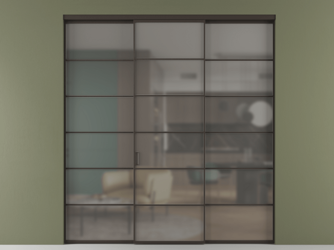 Перегородка Формато внутри проёма 3 створки АЛПР 040.04 Алюминий антрацит Сатинированное серое стекло, триплекс Цена 51729480 so'm | Volhovec