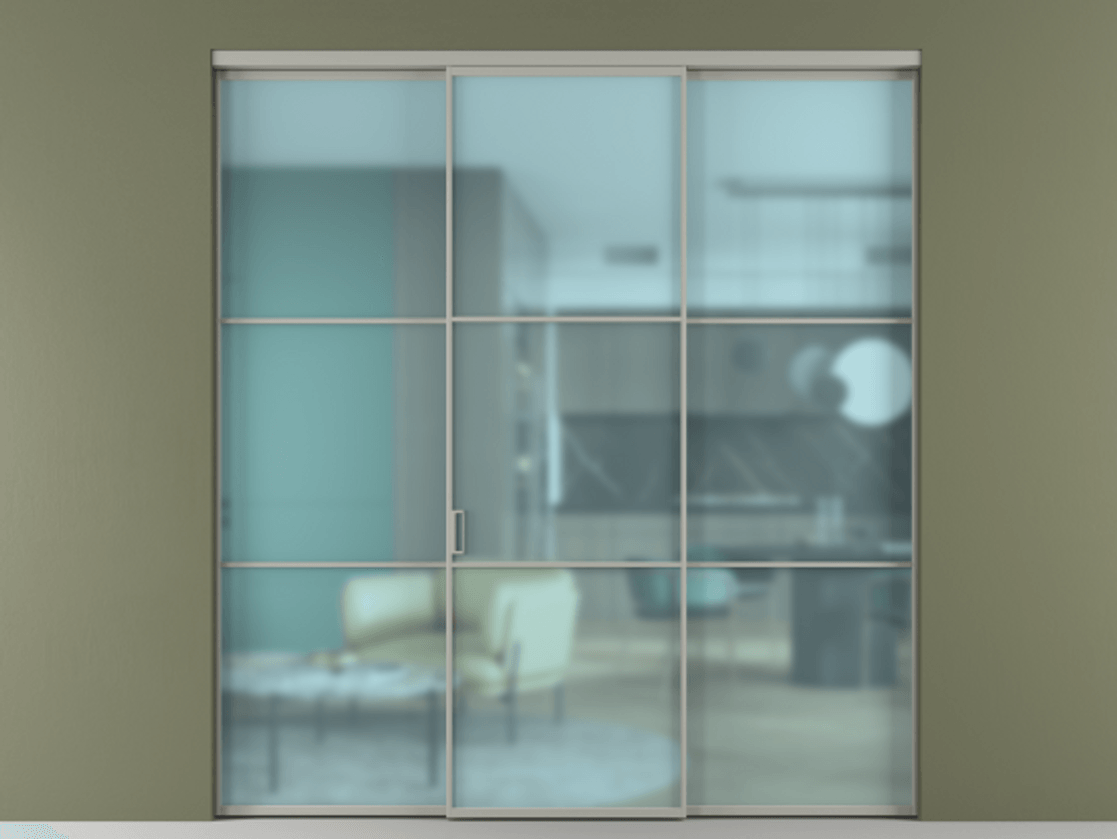 Перегородка Формато внутри проёма 3 створки АЛПР 040.03 Алюминий нейтральный серый Сатинированное голубое стекло, триплекс Цена 48166830 so'm | Volhovec