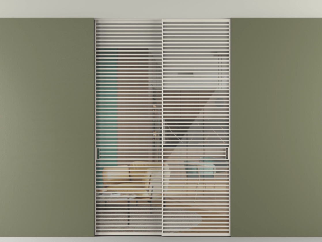 Перегородка Formato внутри проёма скрытое крепление в потолок 2 створки АЛПР 040.07 Алюминий облачно-серый Рефлективное прозрачное стекло "Stopsol", калёное Цена 105787360 so'm | Volhovec