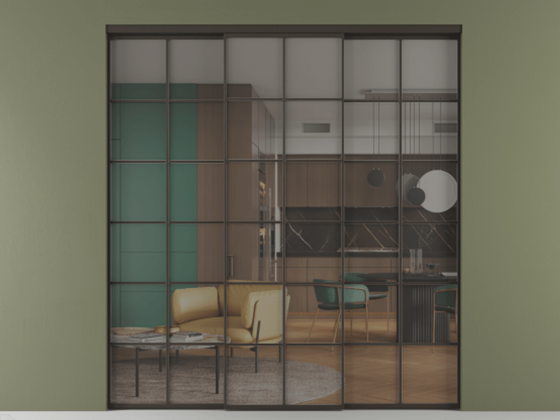 Перегородка Formato внутри проёма 3 створки АЛПР 040.05 Алюминий антрацит Прозрачное серое стекло, триплекс Цена 254825 ₽ | Volhovec