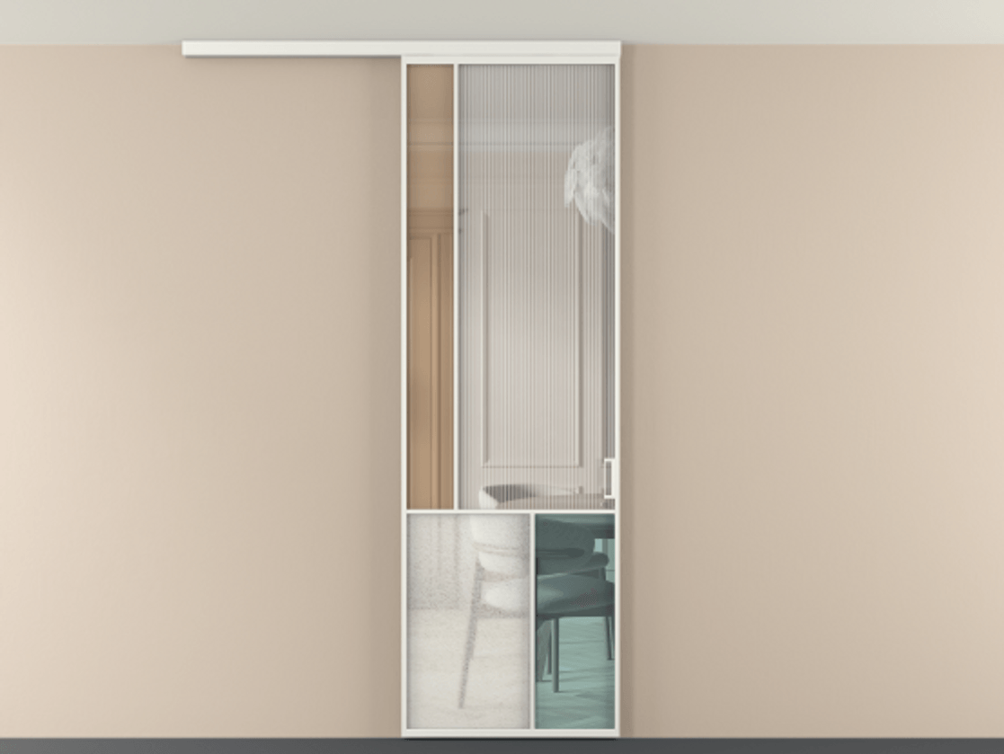 Перегородка Мозаик вдоль стены на потолок 1 створка АЛПР 041.20 Алюминий светло-серый Комбинация стекол Группы 1 и Группы 3 Цена 28631120 so'm | Volhovec