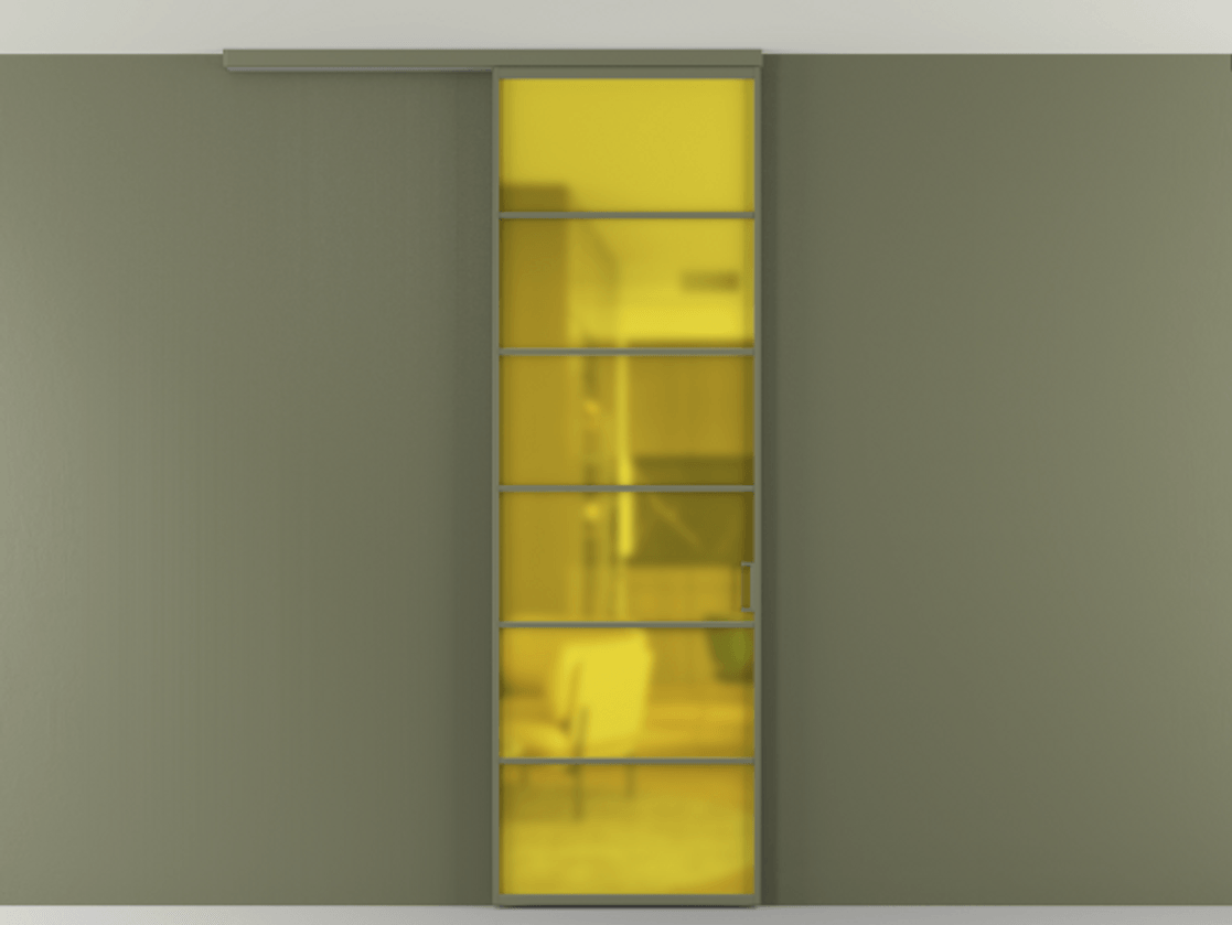 Перегородка Формато вдоль стены на потолок 1 створка АЛПР 040.04 Алюминий оливковый тёмный Сатинированное жёлтое стекло, триплекс Цена 103293 ₽ | Volhovec