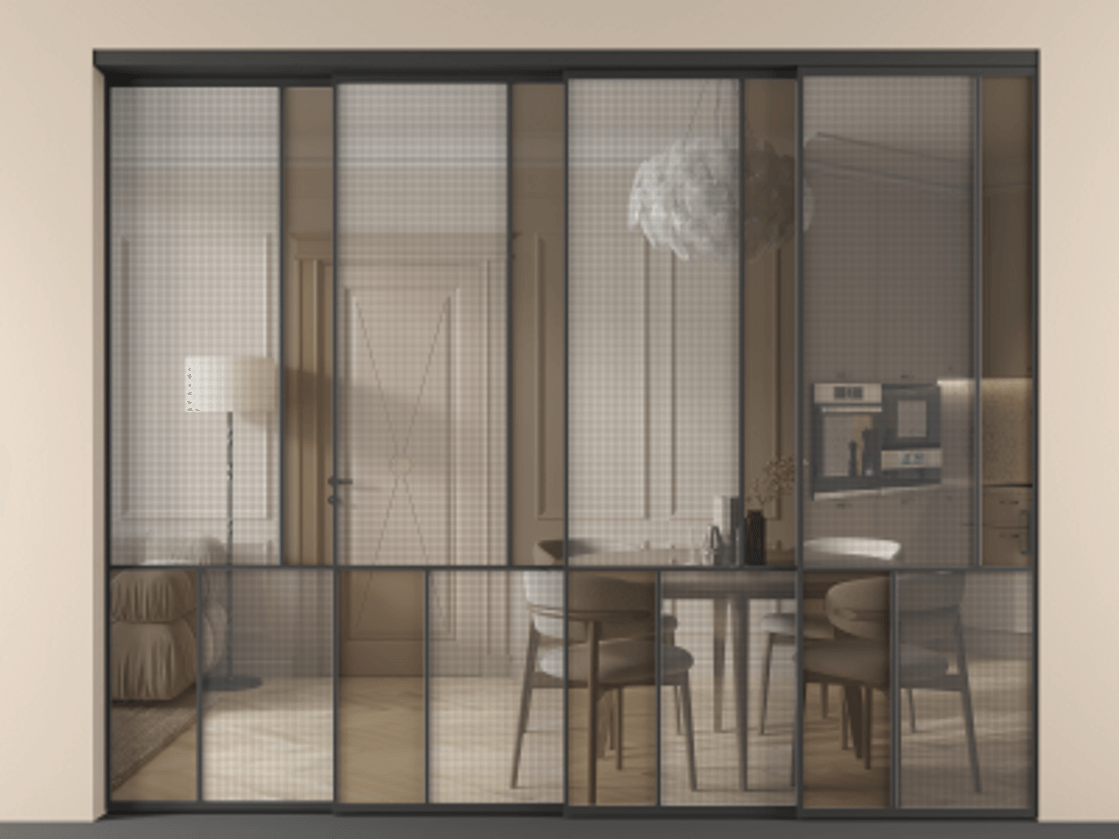 Перегородка Mosaic внутри проёма телескопик синхро-4 АЛПР 041.21 Алюминий Черный Mesh silver + Бронза прозрачное триплекс Цена 112100660 so'm | Volhovec