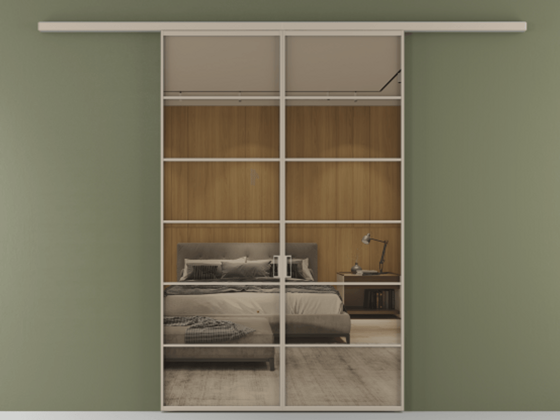 Перегородка Формато вдоль стены 2 створки АЛПР 040.04 Алюминий бисквитный Рефлективное бронзовое стекло "Стопсол", калёное Цена 53713800 so'm | Volhovec