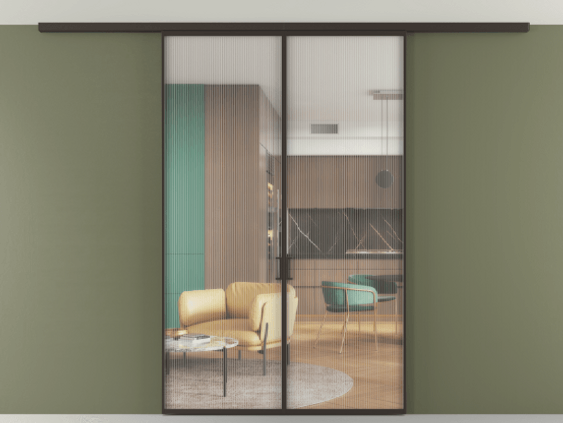 Перегородка Формато вдоль стены на потолок 2 створки АЛПР 040.01 Алюминий антрацит Рифлёное стекло "Мору", триплекс Цена 40228920 so'm | Volhovec