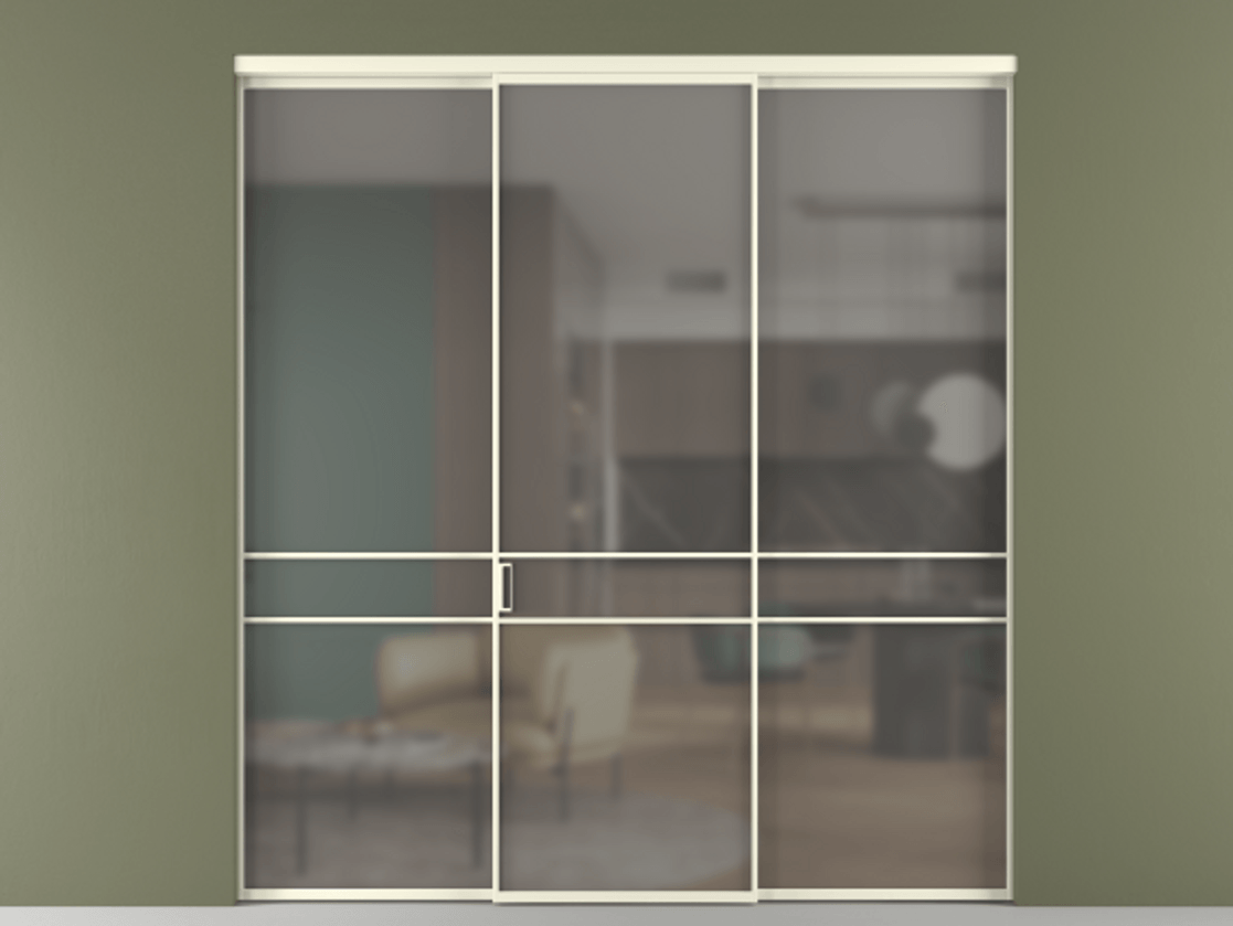 Перегородка Formato внутри проёма 3 створки АЛПР 040.02 Алюминий молочно-белый Сатинированное серое стекло, триплекс Цена 237275 ₽ | Volhovec