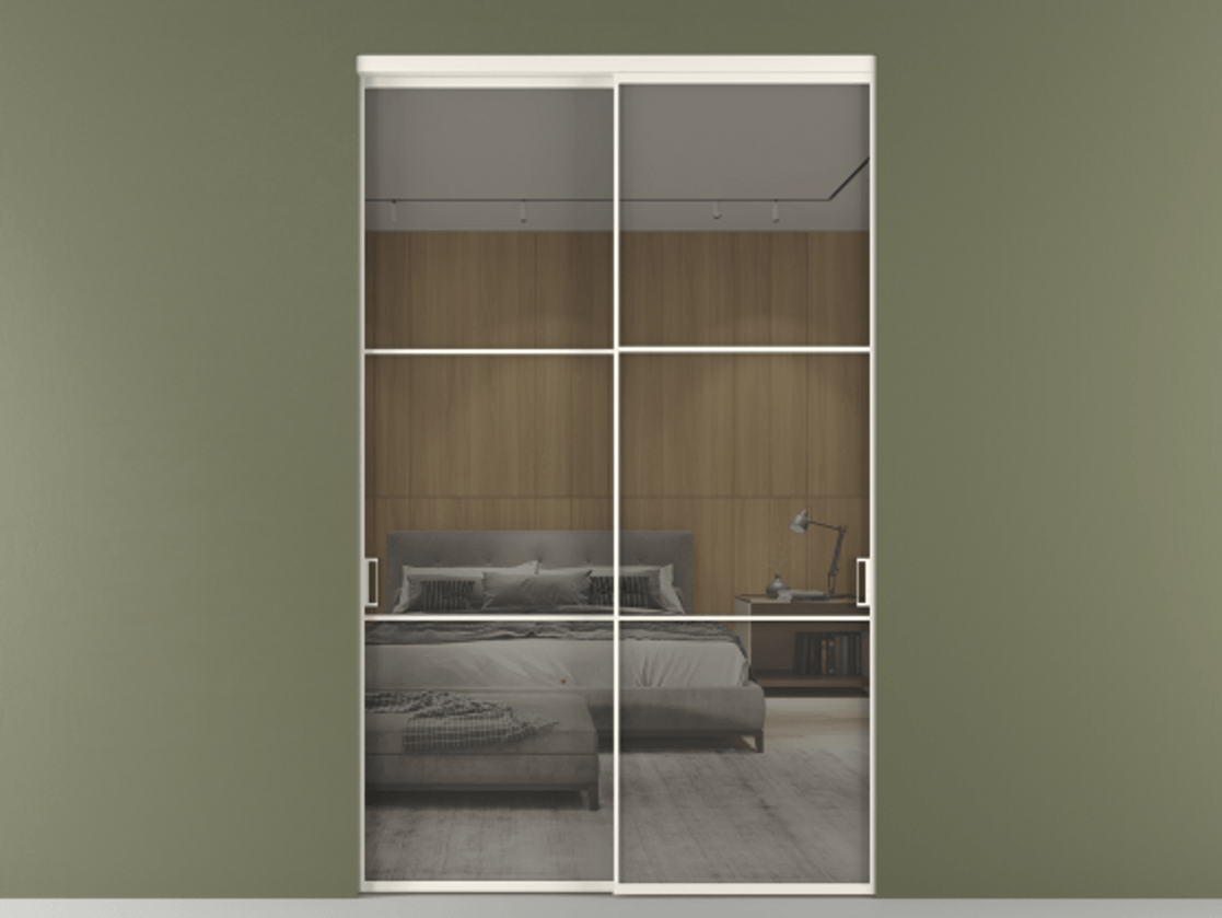 Перегородка Формато внутри проёма 2 створки АЛПР 040.03 Алюминий пудровый белый Рефлективное серое стекло "Стопсол", калёное Цена 97094900 so'm  | Volhovec