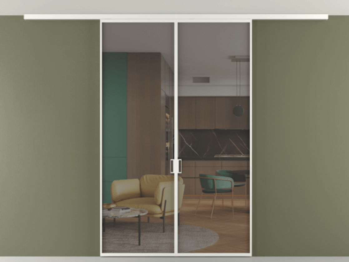 Перегородка Формато вдоль стены на потолок 2 створки АЛПР 040.01 Алюминий светло-серый Прозрачное серое стекло, триплекс Цена 43856120 so'm | Volhovec