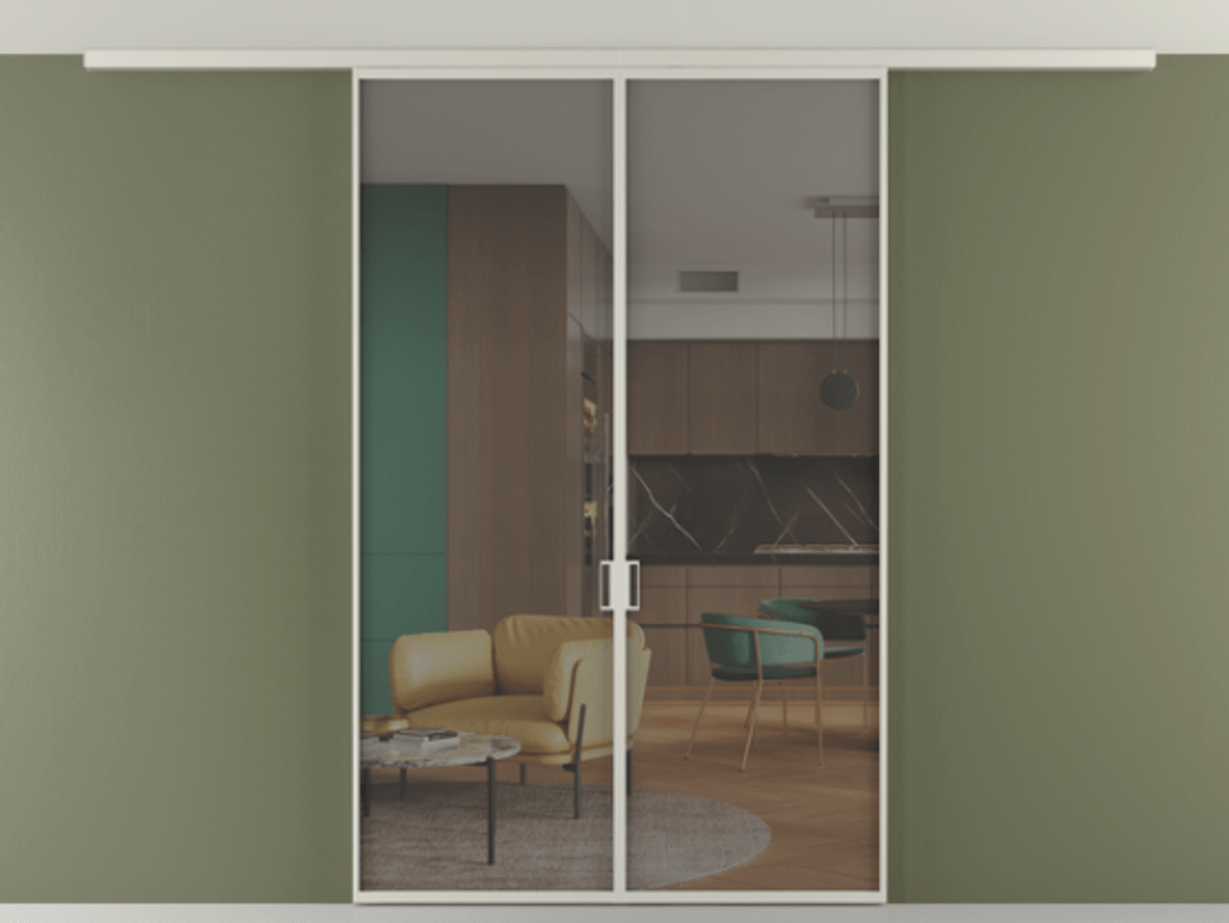 Перегородка Формато вдоль стены на потолок 2 створки АЛПР 040.01 Алюминий тёплый серый Прозрачное серое стекло, триплекс Цена 216040 ₽ | Volhovec