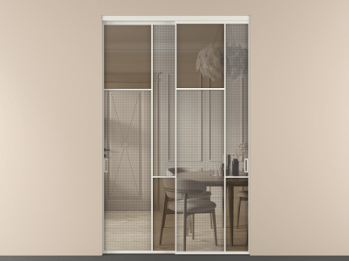 Перегородка Mosaic внутри проема двустворчатая АЛПР 041.10 Алюминий Белый Mesh silver + Бронза прозрачное триплекс Цена 46154080 so'm | Volhovec