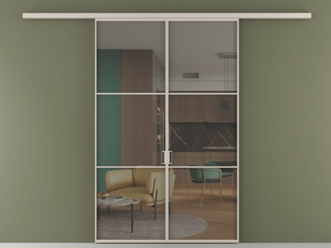 Перегородка Формато вдоль стены 2 створки АЛПР 040.03 Алюминий светло-бежевый Прозрачное серое стекло, триплекс Цена 39676350 so'm | Volhovec