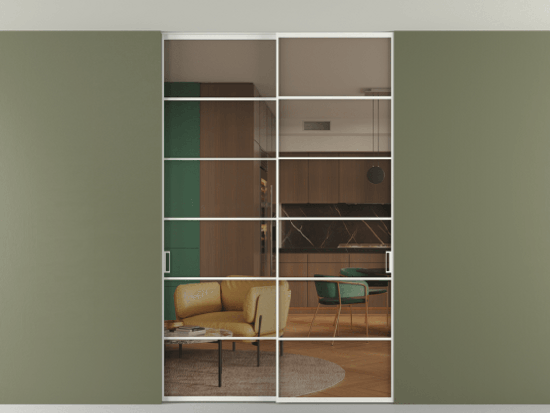 Перегородка Формато внутри проёма скрытое крепление в потолок 2 створки АЛПР 040.04 Алюминий светло-серый Прозрачное бронзовое стекло, триплекс Цена 53000260 so'm | Volhovec