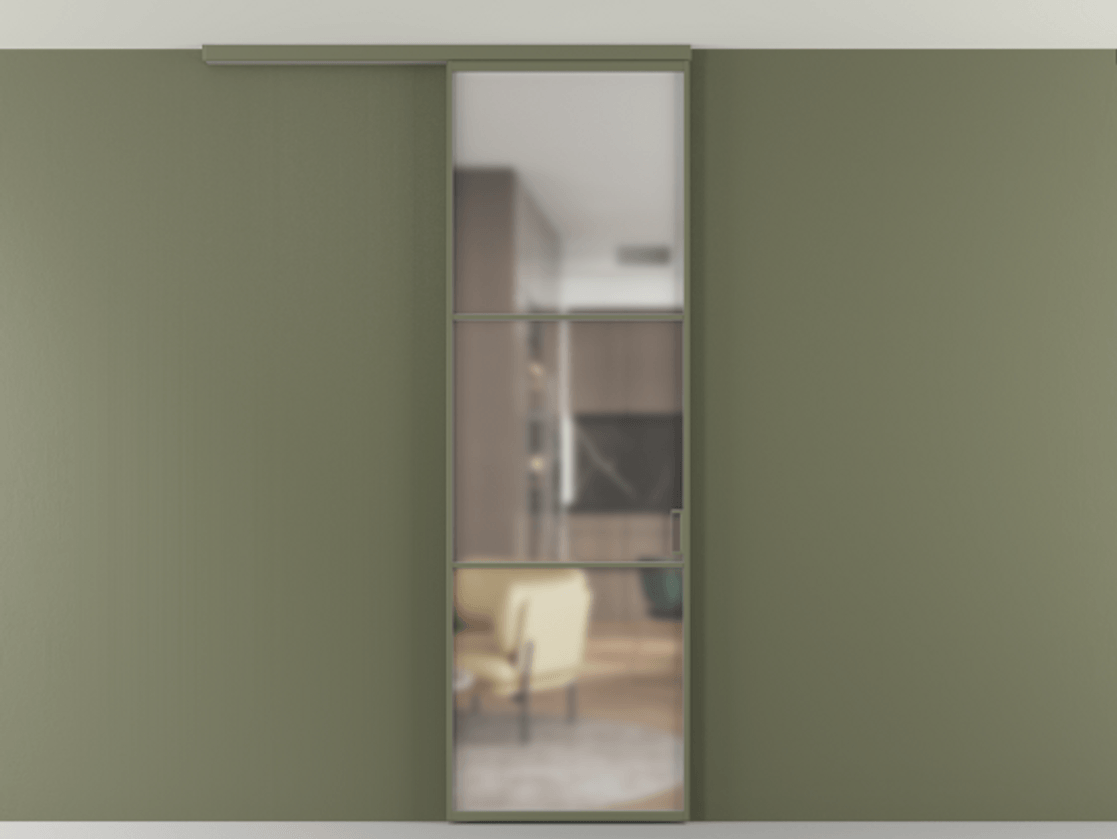 Перегородка Формато вдоль стены на потолок 1 створка АЛПР 040.03 Алюминий оливковый тёмный Сатинированное стекло "Мателюкс Кристал Вижн", калёное, матовое, каленое 6 мм Цена 21799760 so'm | Volhovec