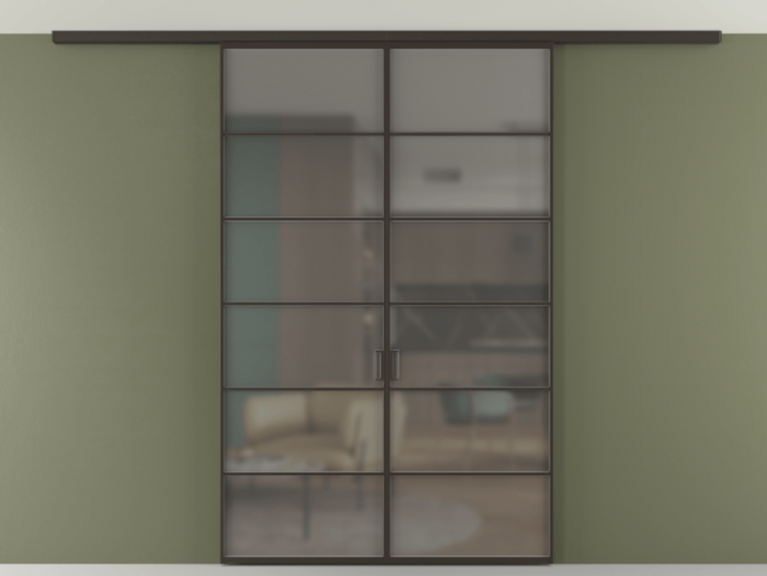 Перегородка Формато вдоль стены на потолок 2 створки АЛПР 040.04 Алюминий антрацит Сатинированное серое стекло, триплекс Цена 40495460 so'm | Volhovec