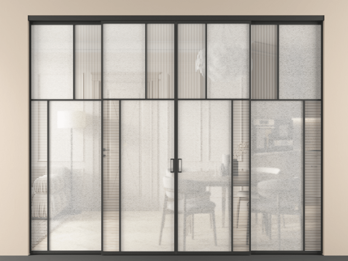 Перегородка Mosaic внутри проёма 4 створки АЛПР 041.23 Алюминий Черный Рифлёное стекло "Дюна", триплекс, 6 мм + Фактурное стекло "Лёд", триплекс Цена 96213880 so'm | Volhovec