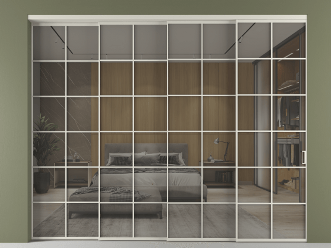 Перегородка Формато внутри проёма 4 створки с синхронным механизмом АЛПР 040.05 Алюминий тёплый серый Рефлективное серое стекло "Стопсол", калёное Цена 565710 ₽ | Volhovec