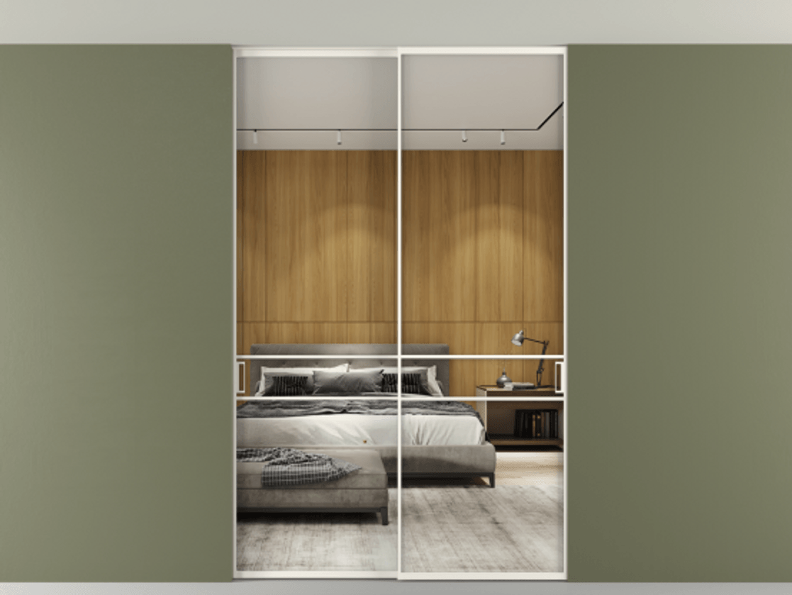 Перегородка Formato внутри проёма скрытое крепление в потолок 2 створки АЛПР 040.02 Алюминий пудровый белый Двустороннее зеркало, триплекс , триплекс 6 мм Цена 50387650 so'm | Volhovec