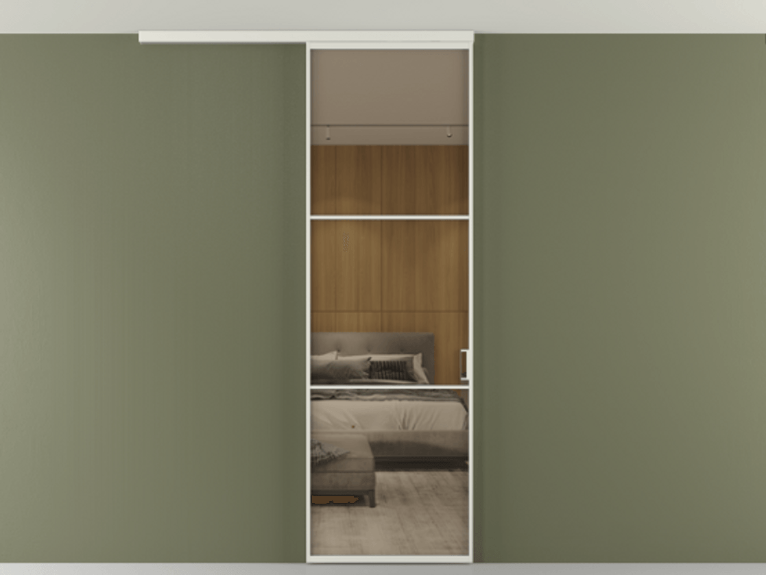 Перегородка Формато вдоль стены на потолок 1 створка АЛПР 040.03 Алюминий серый Рефлективное бронзовое стекло "Стопсол", калёное Цена 21799760 so'm | Volhovec