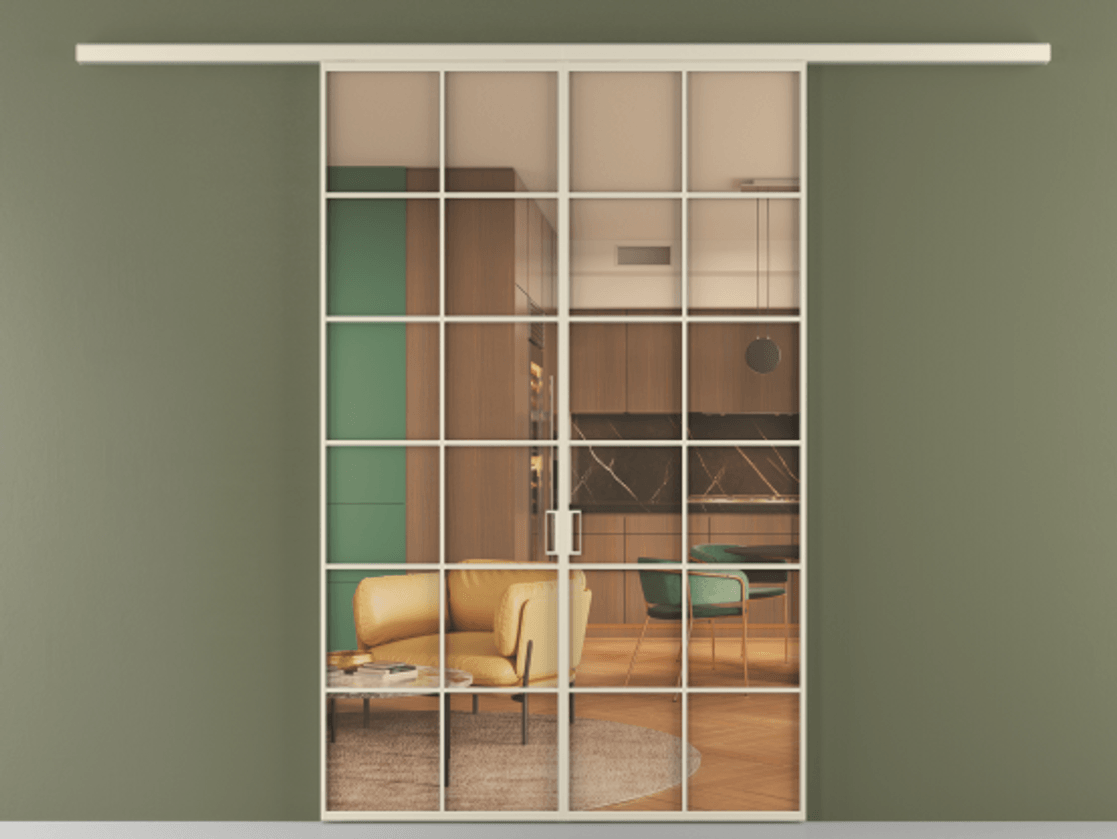 Перегородка Formato вдоль стены 2 створки АЛПР 040.05 Алюминий бежево-серый Прозрачное оранжевое стекло, триплекс Цена 248600 ₽ | Volhovec