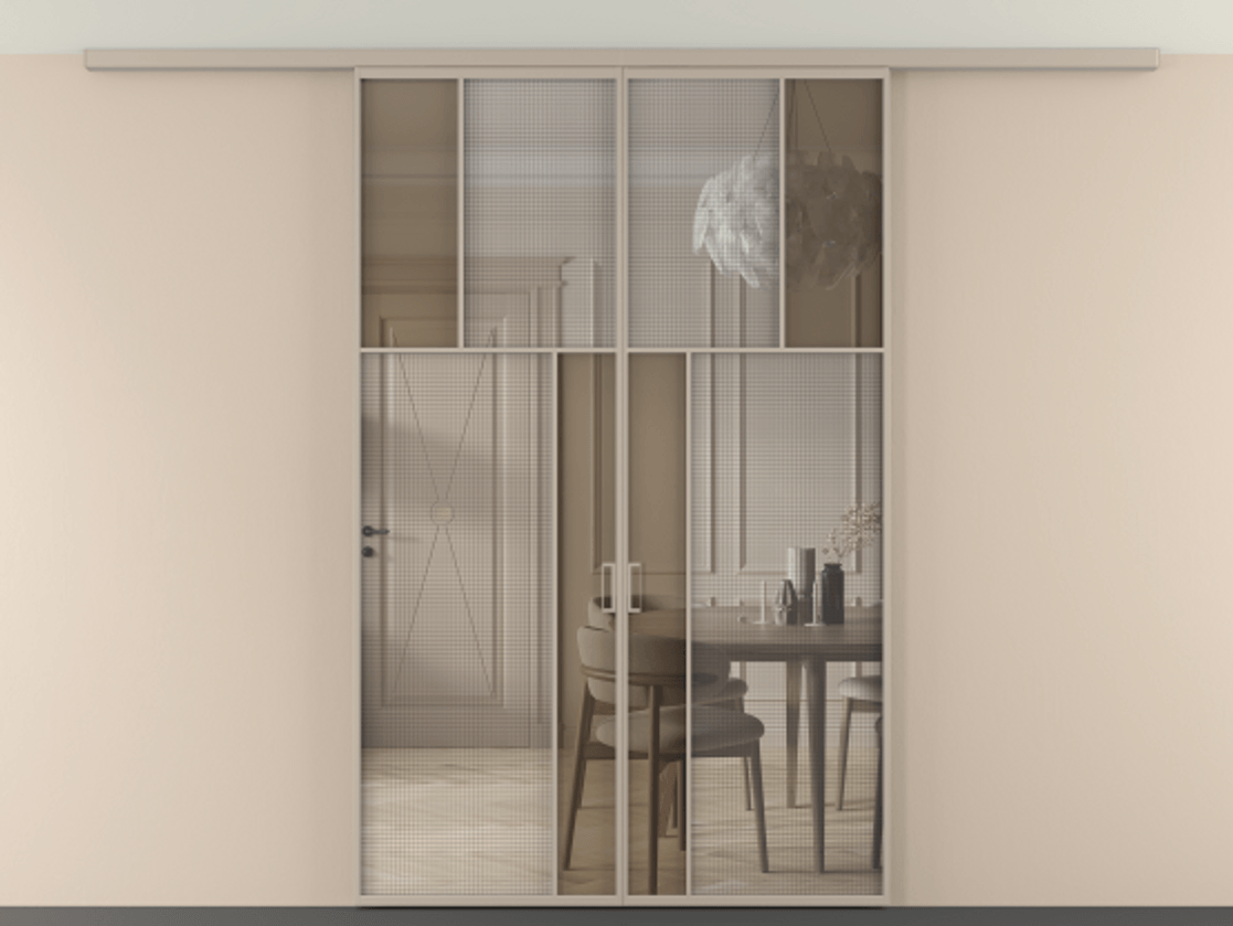 Перегородка Mosaic вдоль стены на потолок двустворчатая АЛПР 041.22 Алюминий бисквитный Декоративное стекло с сеткой "Mesh silver", триплекс, 6 мм + Прозрачное бронзовое стекло, триплекс, 6 мм. Цена 13550 AZE . Фабрика дверей Волховец 8 (800) 551 43 19 Перегородка Mosaic вдоль стены на потолок двустворчатая АЛПР 041.22 Алюминий бисквитный Декоративное стекло с сеткой "Mesh silver", триплекс, 6 мм + Прозрачное бронзовое стекло, триплекс, 6 мм Цена 13550 AZE | Volhovec