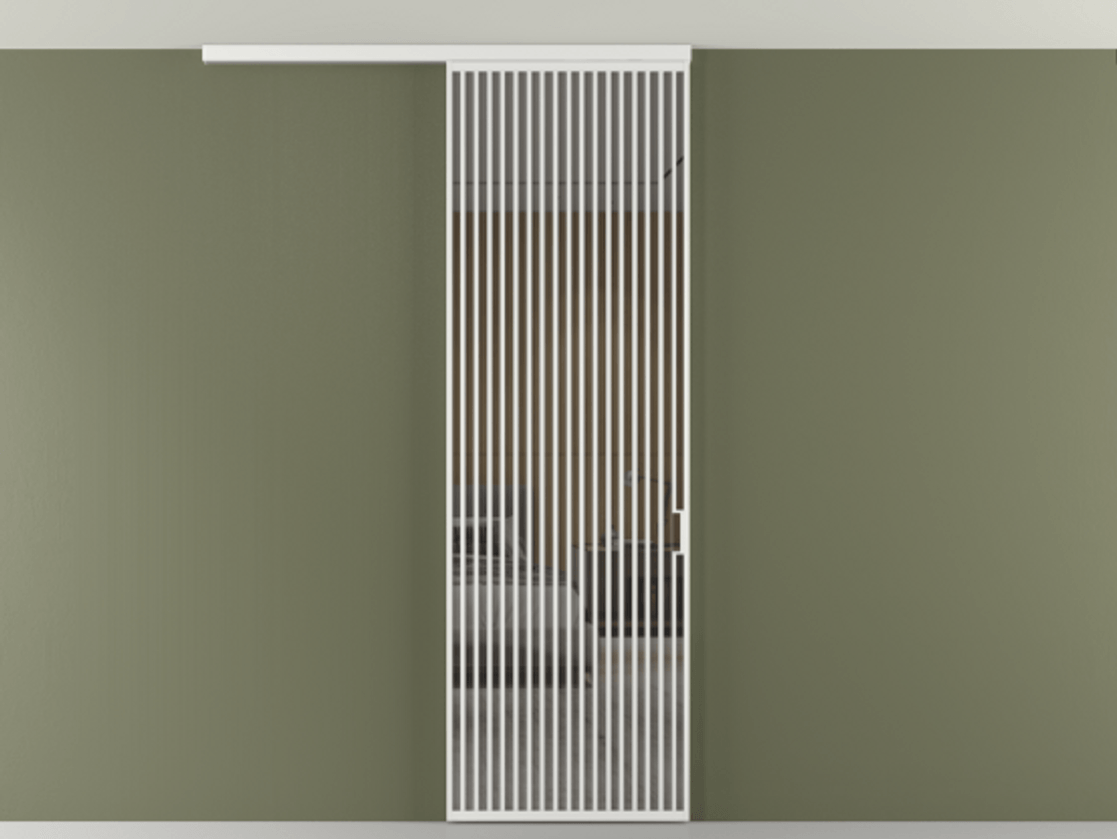 Перегородка Формато вдоль стены на потолок 1 створка АЛПР 040.06 Алюминий белоснежный Рефлективное серое стекло "Стопсол", калёное Цена 39306480 so'm | Volhovec