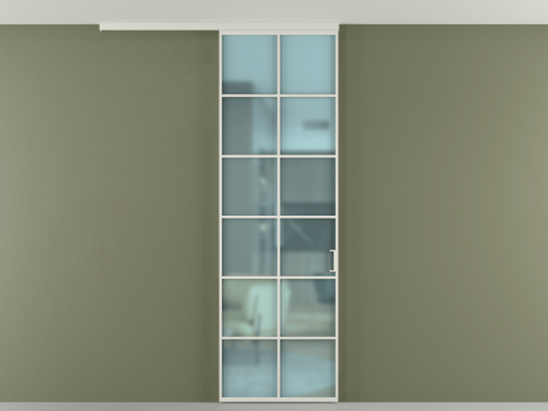 Перегородка Формато вдоль стены на потолок 1 створка АЛПР 040.05 Алюминий Белый Сатинированное голубое стекло, триплекс Цена 20156450 so'm | Volhovec