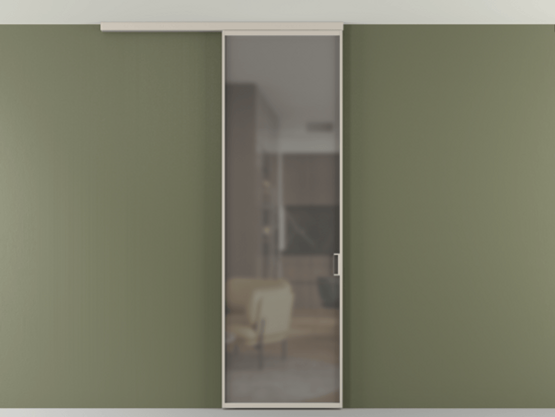 Перегородка Формато вдоль стены на потолок 1 створка АЛПР 040.01 Алюминий светло-бежевый Сатинированное серое стекло, триплекс Цена 18757810 so'm | Volhovec