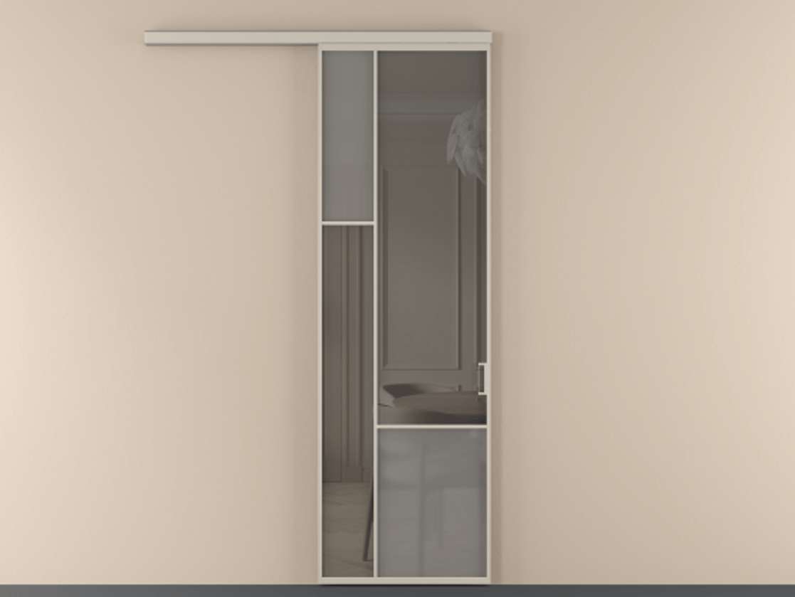 Перегородка Mosaic вдоль стены 1 створка АЛПР 041.13 Алюминий светло-бежевый Сатинированное серое стекло, триплекс, 6 мм + Прозрачное серое стекло, триплекс Цена 27817090 so'm | Volhovec