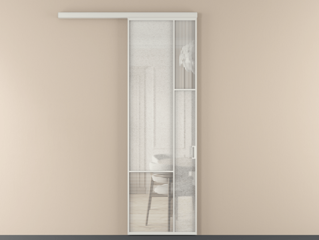 Перегородка Mosaic вдоль стены 1 створка АЛПР 041.12 Алюминий Белый Рифлёное стекло "Дюна", триплекс, 6 мм + Фактурное стекло "Лёд", триплекс Цена 28296170 so'm | Volhovec