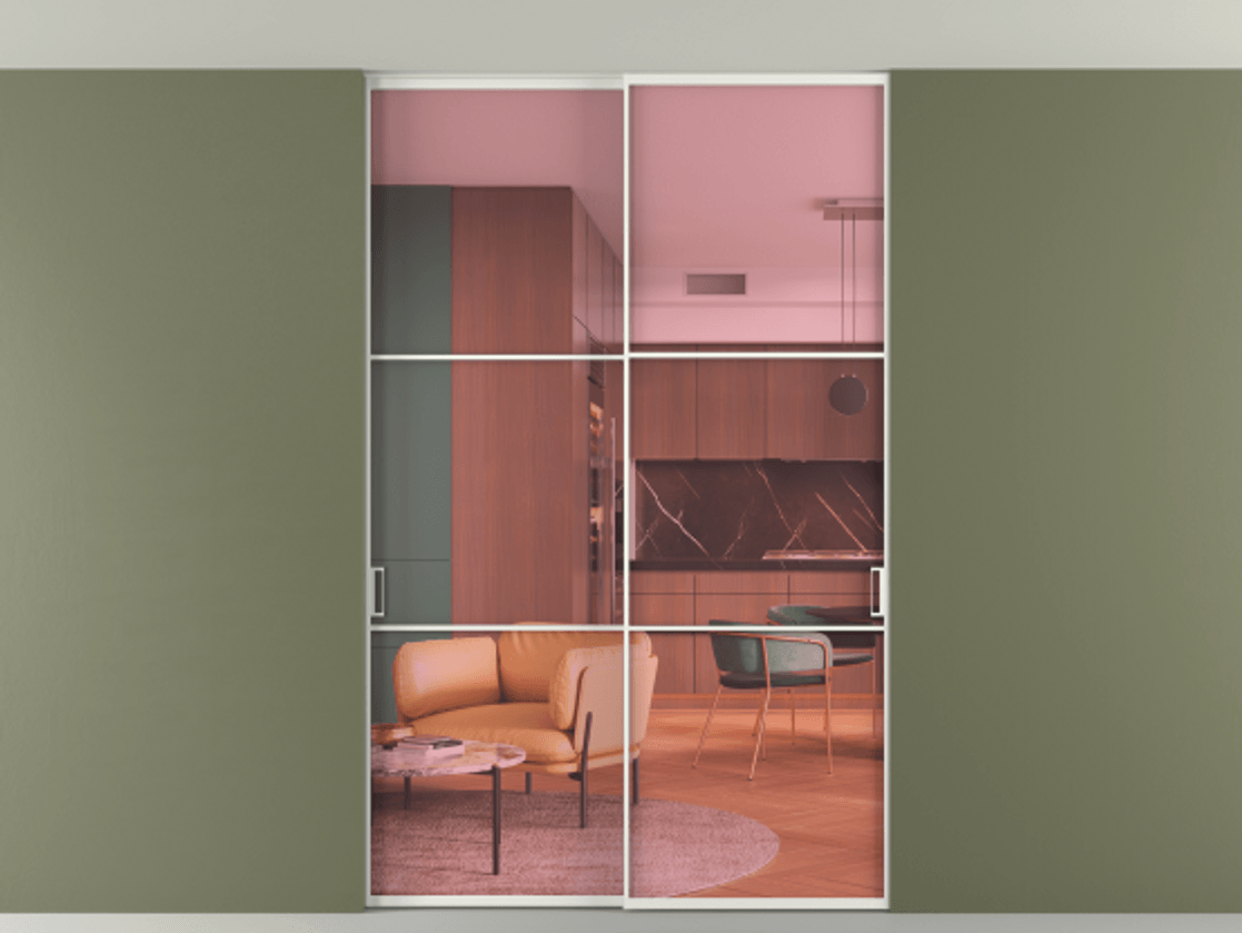 Перегородка Формато внутри проёма скрытое крепление в потолок 2 створки АЛПР 040.03 Алюминий светло-серый Прозрачное розовое стекло, триплекс Цена 50387650 so'm | Volhovec